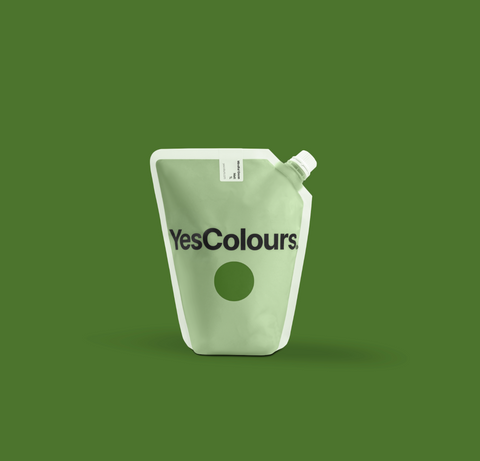 photo of a pouch with logo 'yescolours' photographed on a plain green background