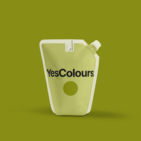 photo of a pouch with logo 'yescolours' photographed on a plain green background