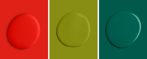 three colourful squares with asymmetrical paint blobs in the following colours: bright red, olive green and dark green