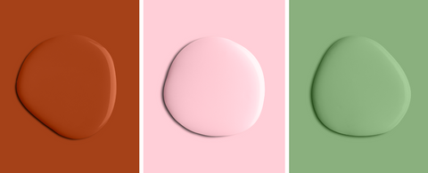 three colourful squares with asymmetrical paint blobs in the following colours: burnt orange, bubblegum pastel pink and grass green