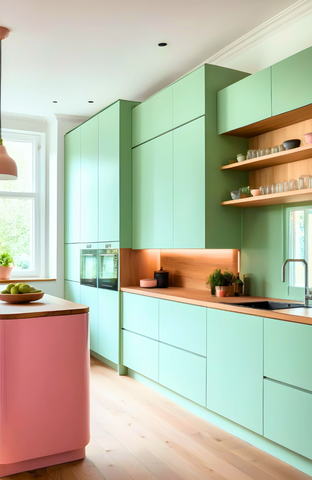 bright and airy kitchen with kitchen cabinets and utility storage painted in mint green and a vibrant kitchen island painted in bubblegum pink