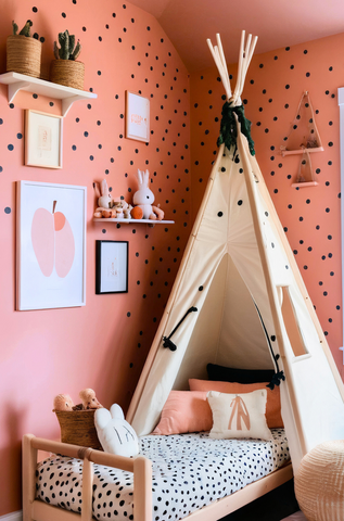 photo of a children's bedroom with a single bed decorated with teepee above it and a gallery wall with art prints positioned on a dark peach painted wall with polka dots