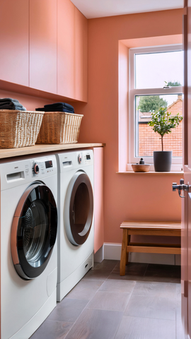 small utility room painted in a warm peach colour, with two big washing machines, grey carpet and wicker baskets