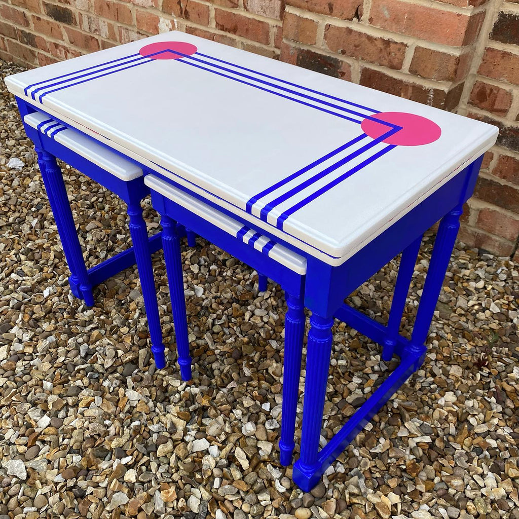 Upcycled mid-century nest of tables with YesColours Electric Blue paint