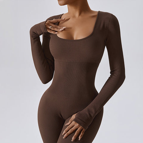 Ribbed Workout Rompers Long Sleeve Exercise Seamless Jumpsuits