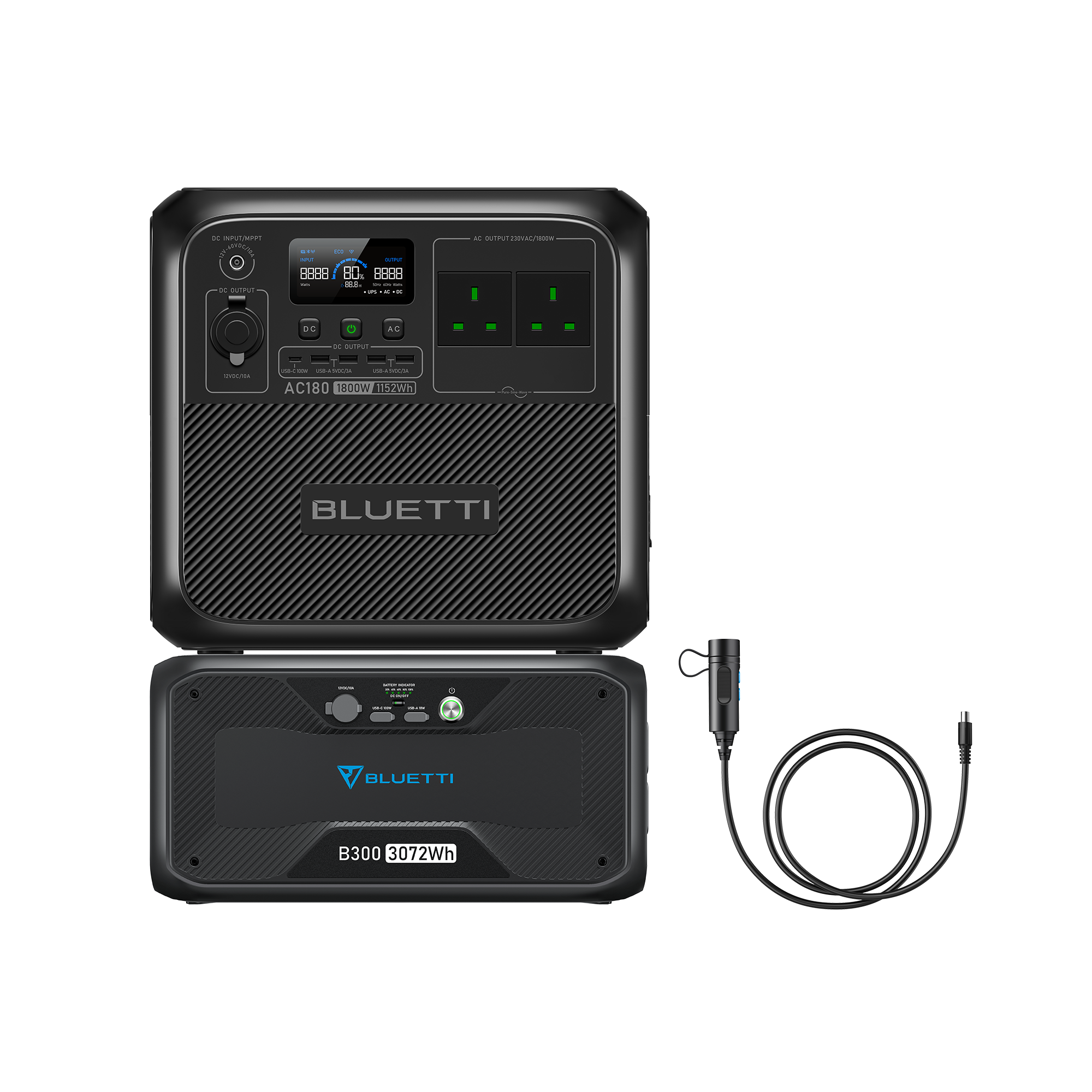 BLUETTI AC180 + B80/B230/B300 Power Kit, AC180+B300+P090D-DC7909 , 1800W 4224Wh , Connection Cable