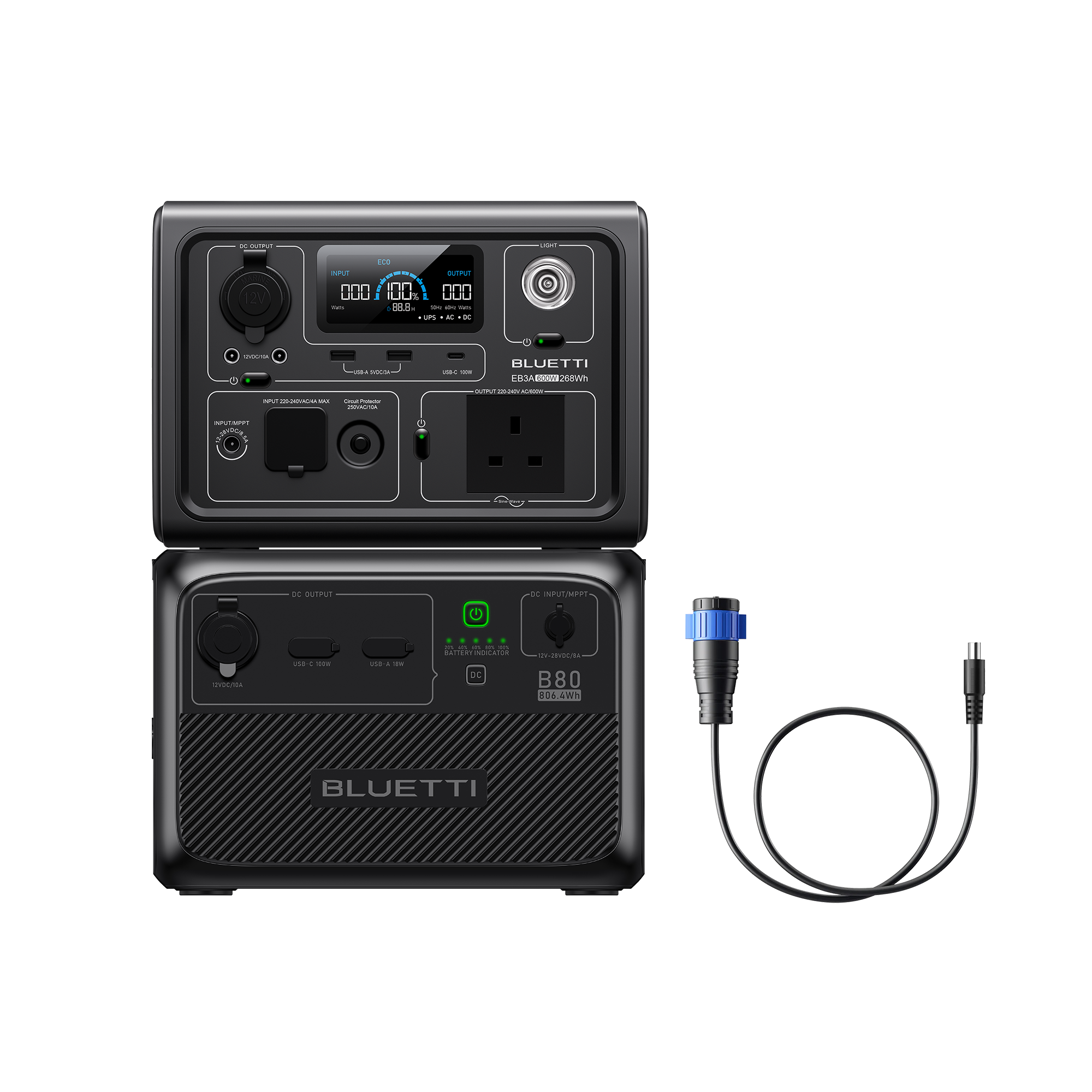 BLUETTI EB3A Portable Power Station , 600W 268Wh, EB3A+B80+P120D-DC7909 , 600W 1074Wh Power Kit