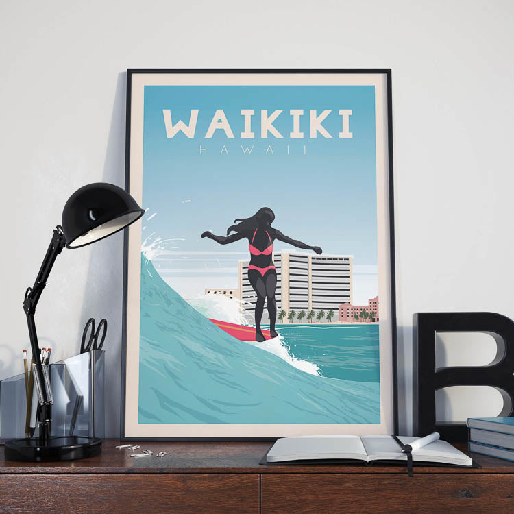 Waikiki Surfer | Kunst Druck Surf Wak-Wak - Surf Girl Hawaii Posters