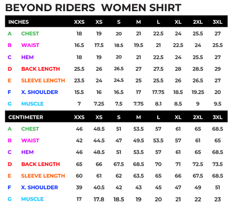 Size Chart for Beyond Riders Shirts (Men and Women)