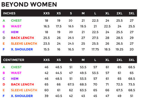 Size Chart for Beyond Riders Shirts (Men and Women)