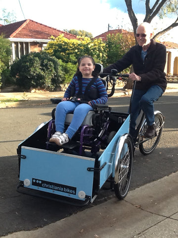 Anna obtained a cargo bike designed to carry Abby in her wheelchair through the National Disability Insurance Agency.