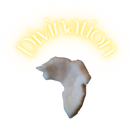 Broken piece of coconut shaped like Africa with yellow text that reads divination