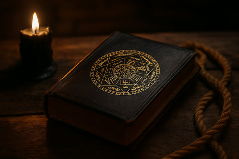 Bible ancienne en cuir noir marquée du sceau des 7 archanges, dans un décor mystique éclairé à la bougie.