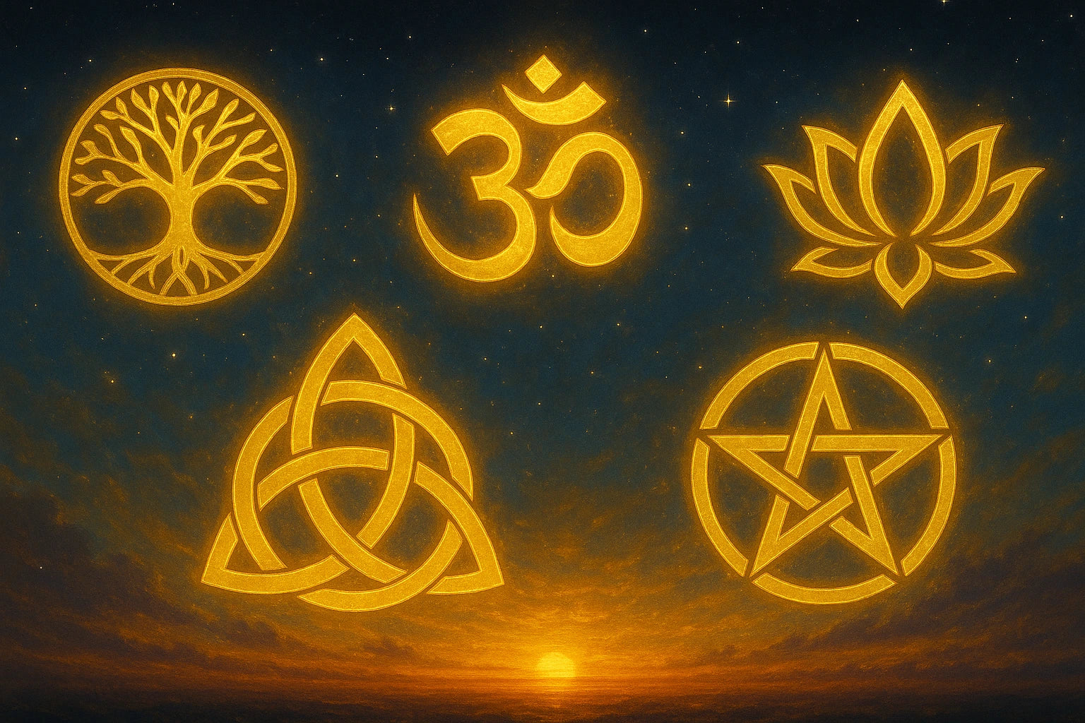Bannière centrée représentant cinq symboles spirituels dorés sur fond de ciel étoilé et coucher de soleil.