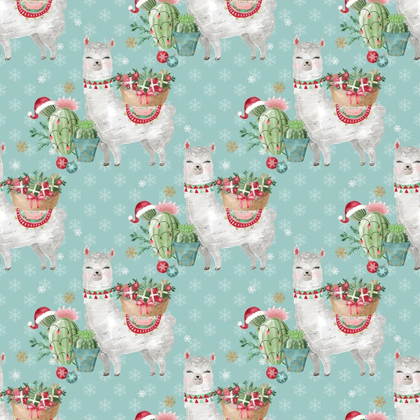 Jolly Llama on Snowflake Fabric - Teal - FunSewing.com