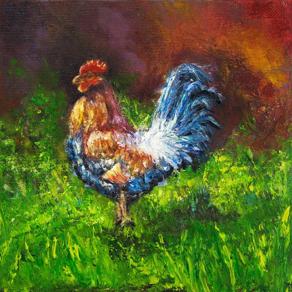 Rooster Oil Painting Fabric Panel - Multi - FunSewing.com product image