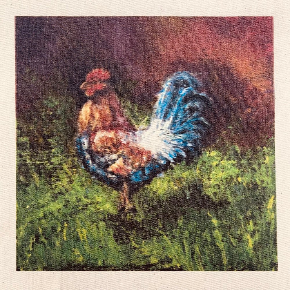 Rooster Oil Painting Natural 100% Cotton Canvas Fabric Panel - Multi - FunSewing.com product image