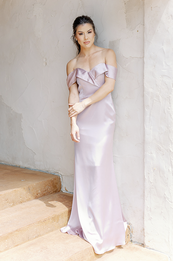 Isabelle Off Shoulder Flowy Bridesmaids Dress in Plum