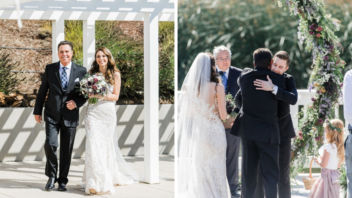 Bride walking down aisle with father purple revelry dresses hugging groom on wedding day