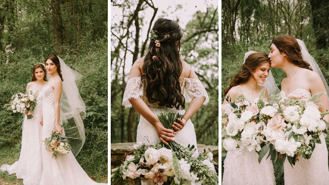 Brides three different photos of two brides holding white and pink greenery bouquets veils fingertip length flowers in bride's hair