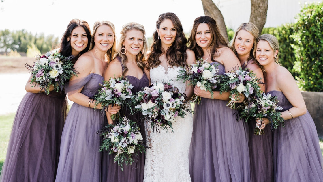 Bridesmaid tulle purple rosalie dreses purple flowers wedding dress 6 maids