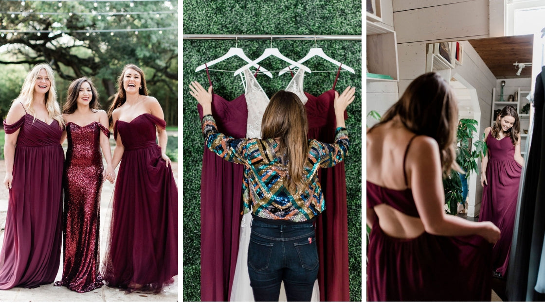 Bridesmaids dresses tulle sequin chiffon burgundy red color mona bridal gown michelle hanging up gowns