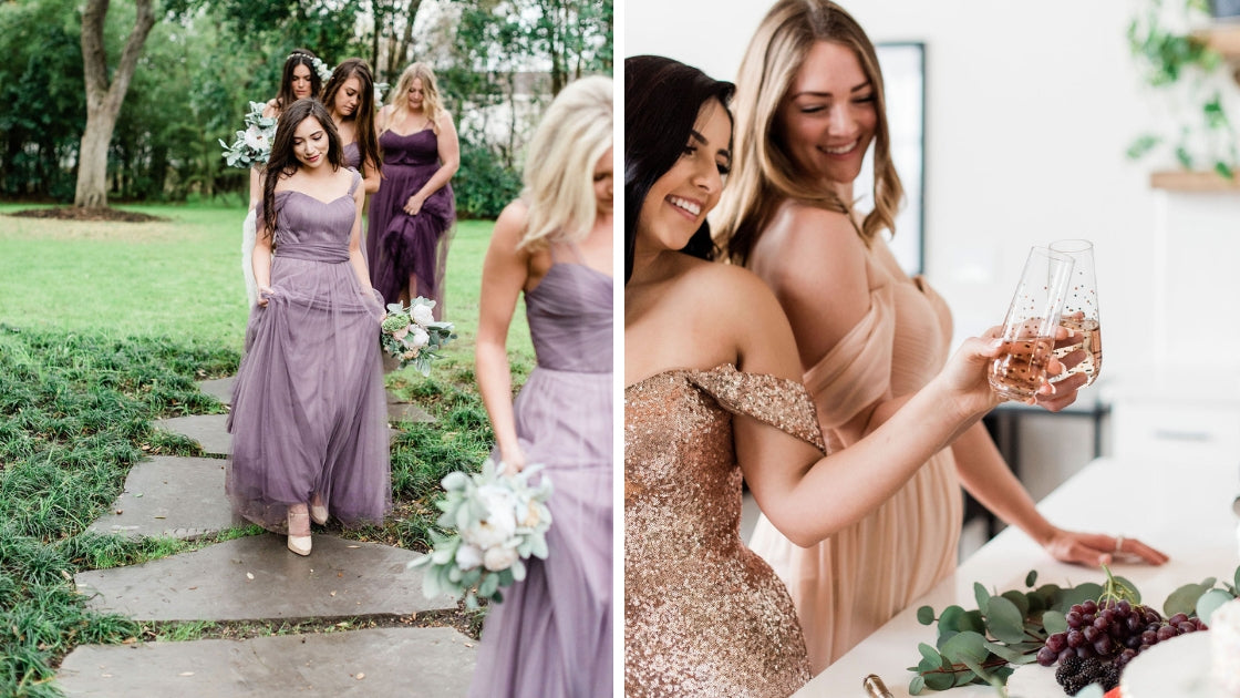 Bridesmaids in purple tulle gowns and bridesmaids in blush and tulle gowns off the shoulder dresses boho looks