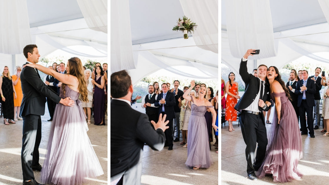 Bridesmaids in tulle wedding dresses purple entrance selfie dance toss bouquet florals