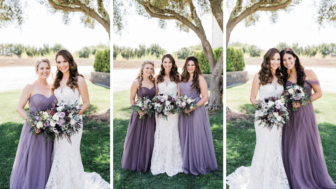 bridesmaids is purple revelry tulle rosalie gowns different hues holding purple bouquet flowers