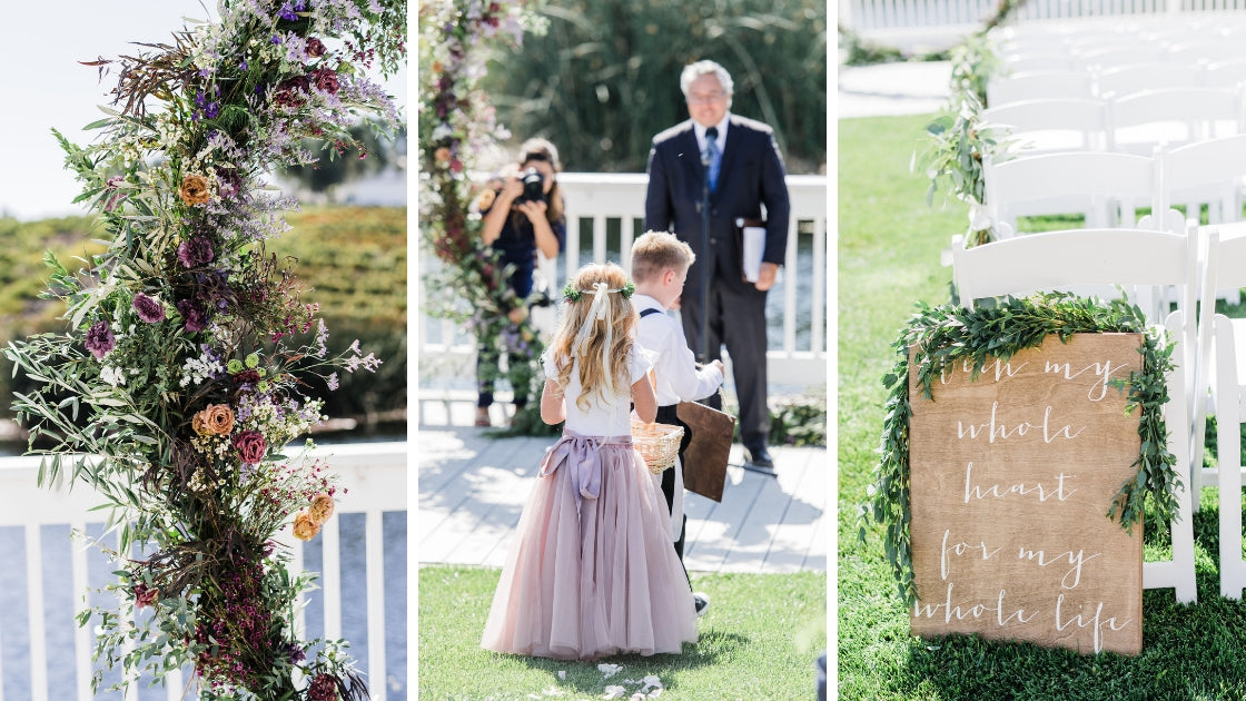 details of wedding ceremony and wedding day flower girl in mauve walk down aisle sign whole heart whole life purple flowers arch 