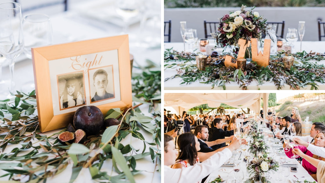 Details of wedding day figs and plums purple florals flowers and greenery initials jenna table numbers