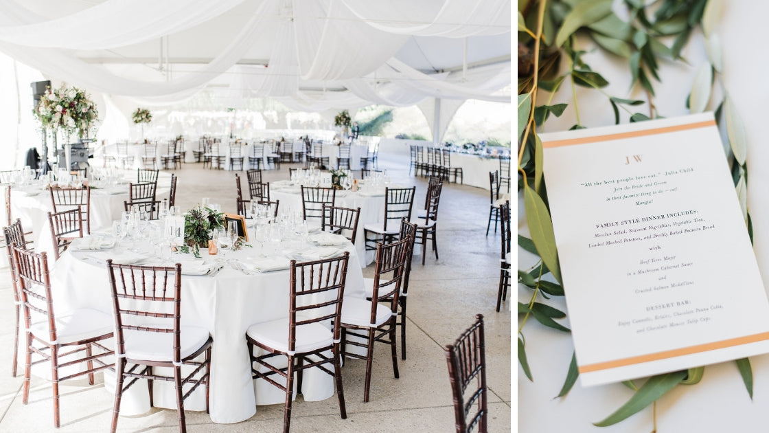 Details of wedding white linens clear and white dinner menu family style greenery