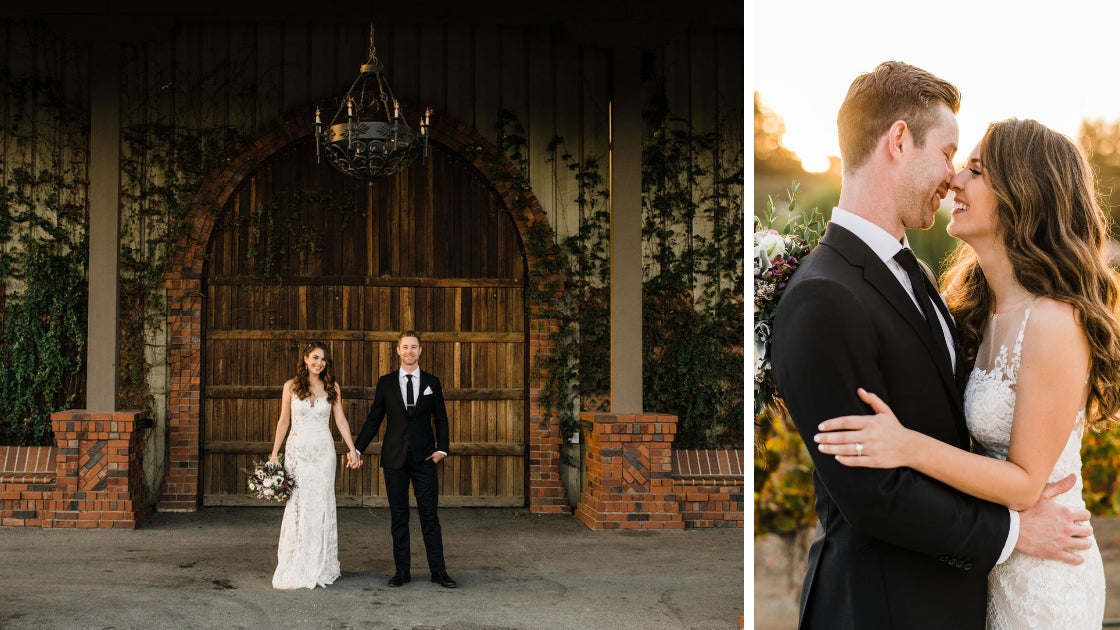 Happy couple marriage newly weds kiss hold hands in front of stunning reception ceremony space kiss in sunset