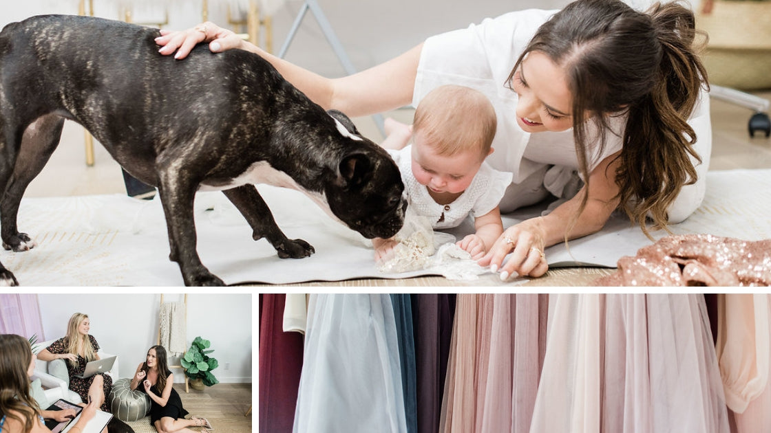 Michelle laying on the floor with demi and stella looking at different fabrics