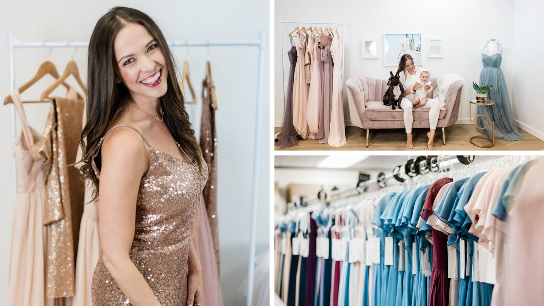 Michelle in rose gold sequins smiling and posing in front of racks of clothes in her office