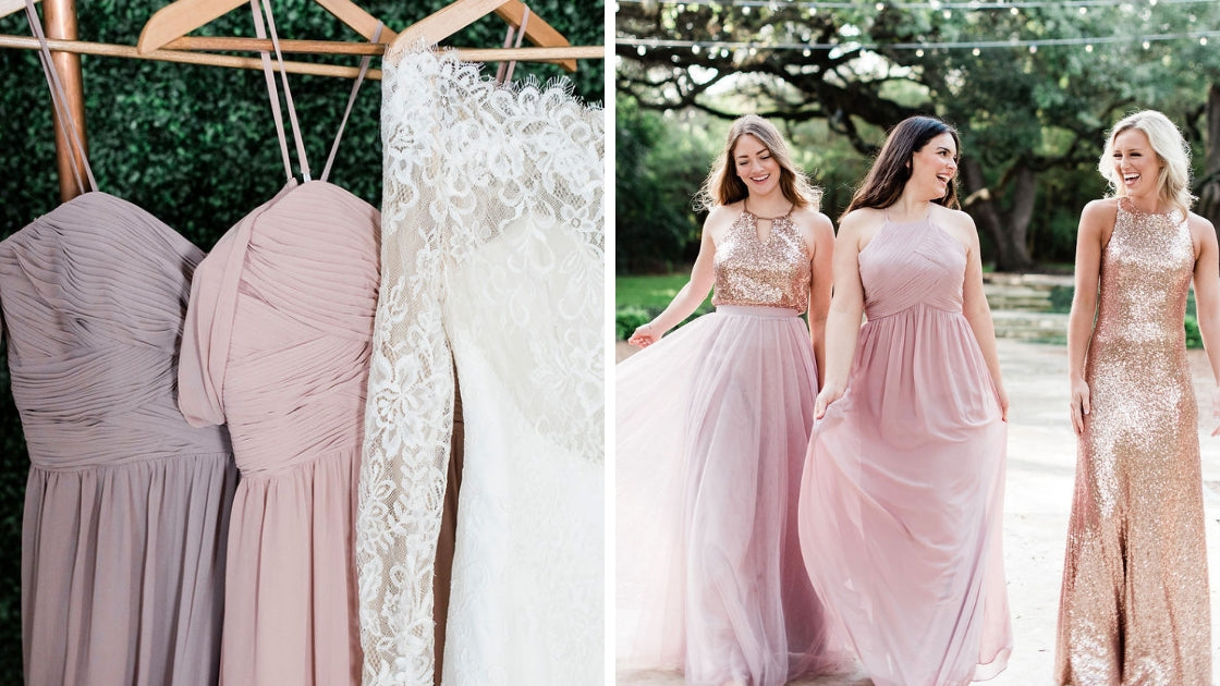 Revelry bridesmaid andbridal gowns high neck styles off the shoulder styles pinks and purples and rose gold gowns two different photos