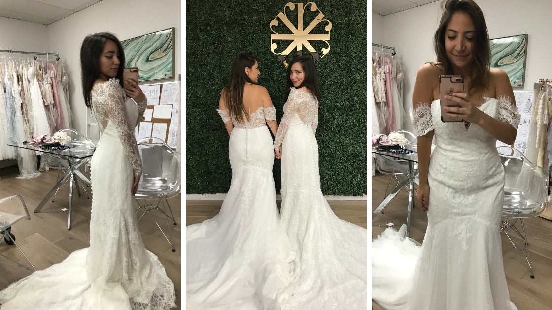 Revelry wedding dresses two brunette brides smiling and posing and taking selfies in lace bridal gowns wedding dresses