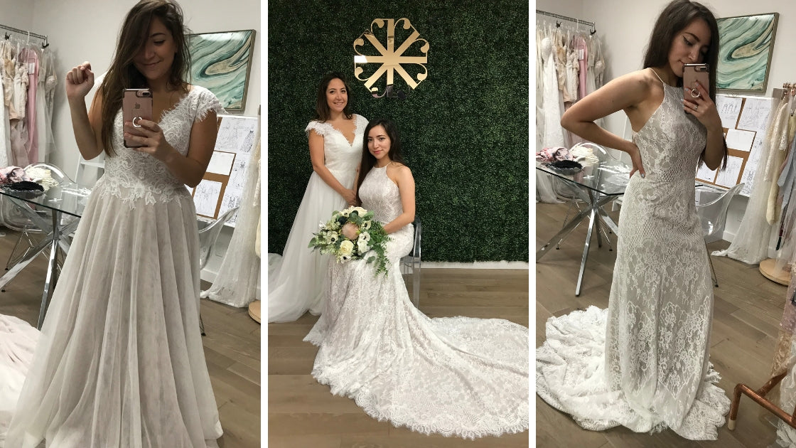 Two brides in different silluhete wedding dresses taking selfies smiline and posing in wedding day looks