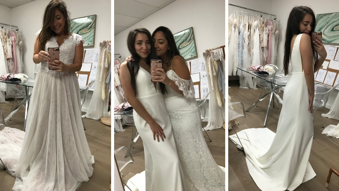 Two brides posing in wedding dresses taking selfies wearing dresses for wedding day finding their perfect looks