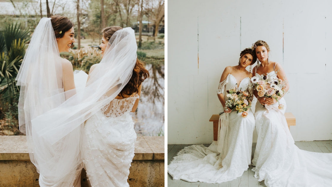 Two brides smiling and laughing on wedding day with complimentary looks veils and boho flowers