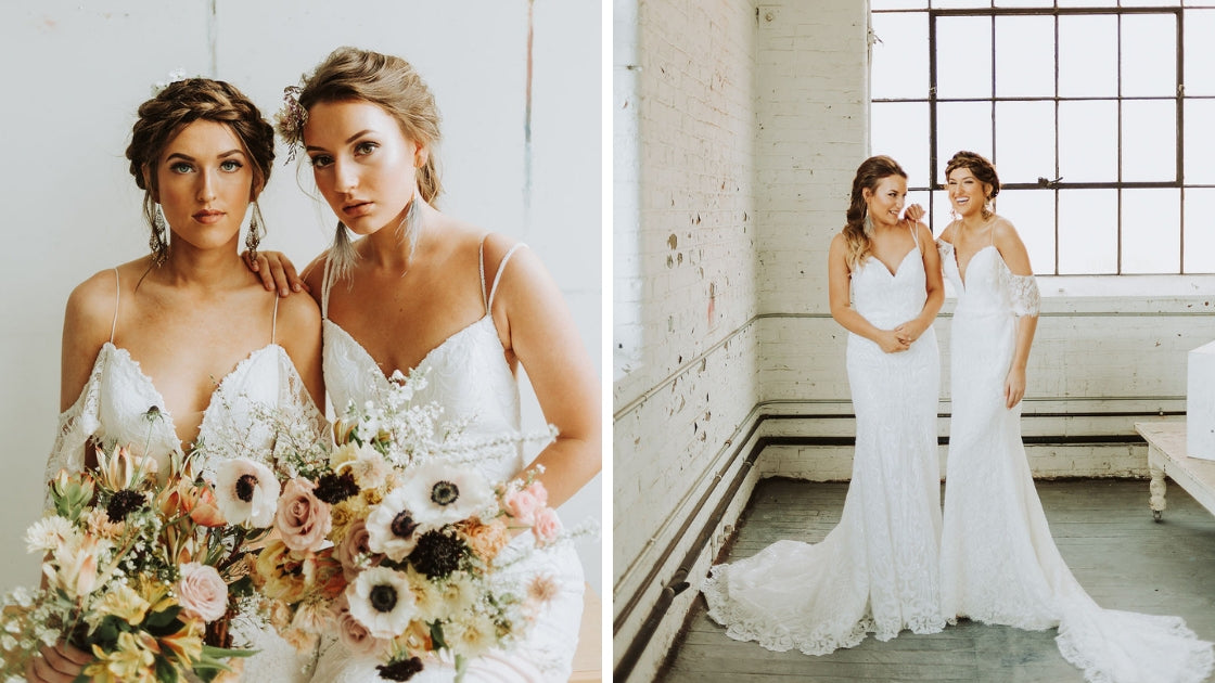 Two photos of two brides off the shoulder wedding dresses art deco gown details florals trains white dresses updos lgbtq wedding