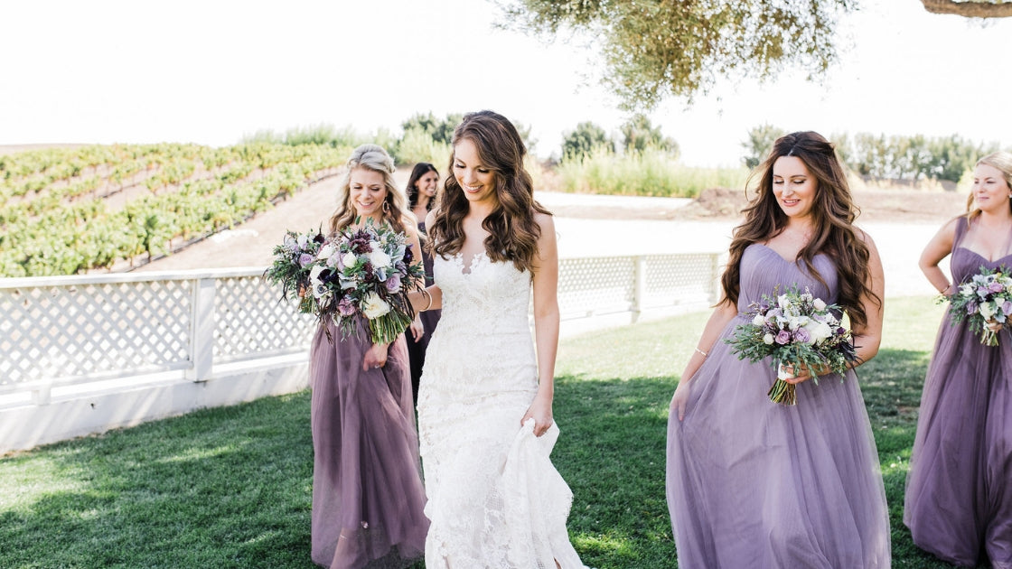 Wedding bride bridal gown brunette bride bridesmaids in rosalie tulle wedding dresses purple instagram wedding