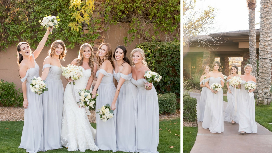 bridesmaid walking and poses together with light grey chiffon bridesmaid dresses with convertible off the shoulder straps.