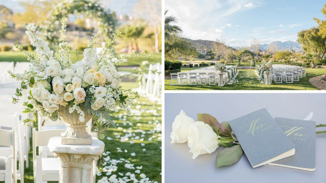 Gorgeous white blooms and vow book details in addition to gorgeous outdoor ceremony set up with white chairs and floral archway.