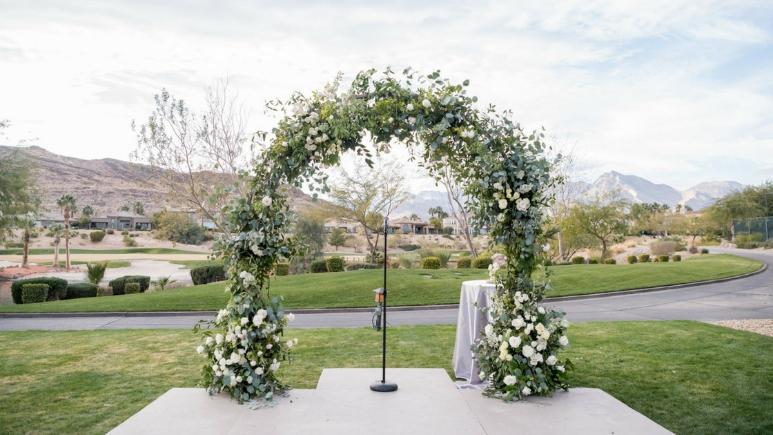 floral arch for Wedding ceremony in outdoors of Las Vegas Country Club Wedding.