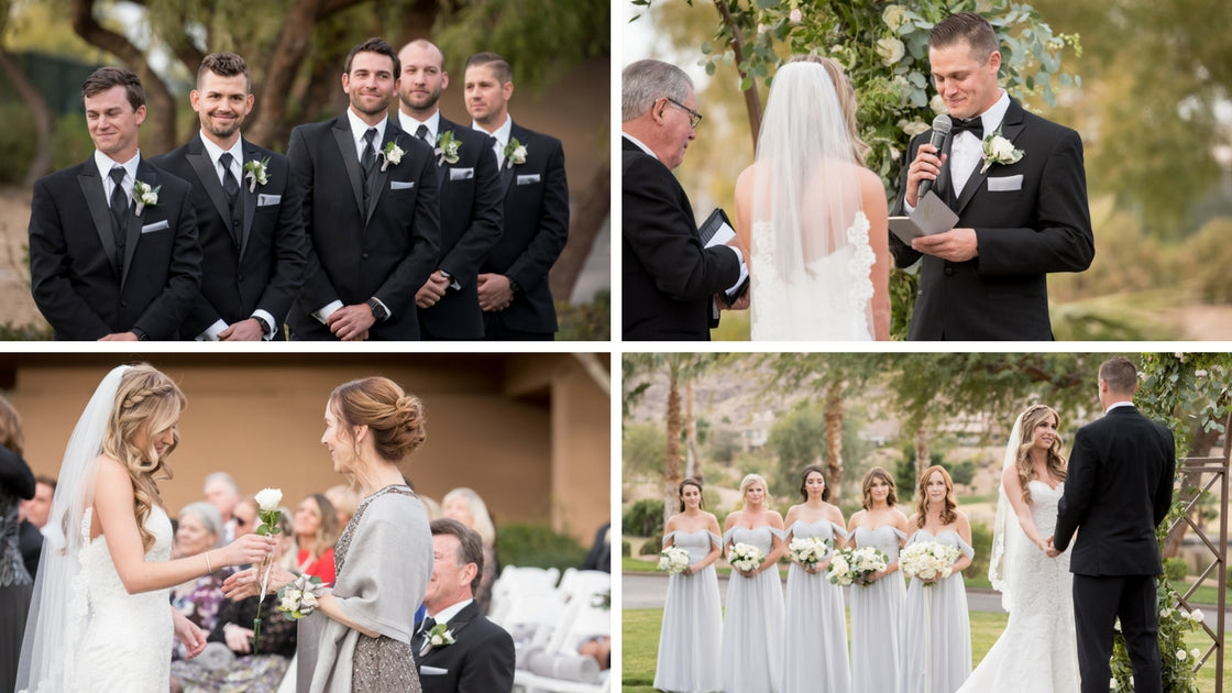 bride and groom hold hands and exchange vows with support of family, friends, bridesmaids, and groomsmen.