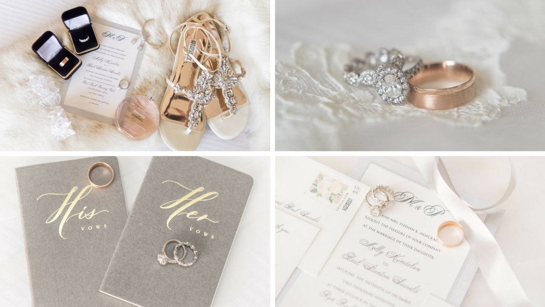 all the sparkling details including wedding rings, sparkling shoes, and envelopes. 