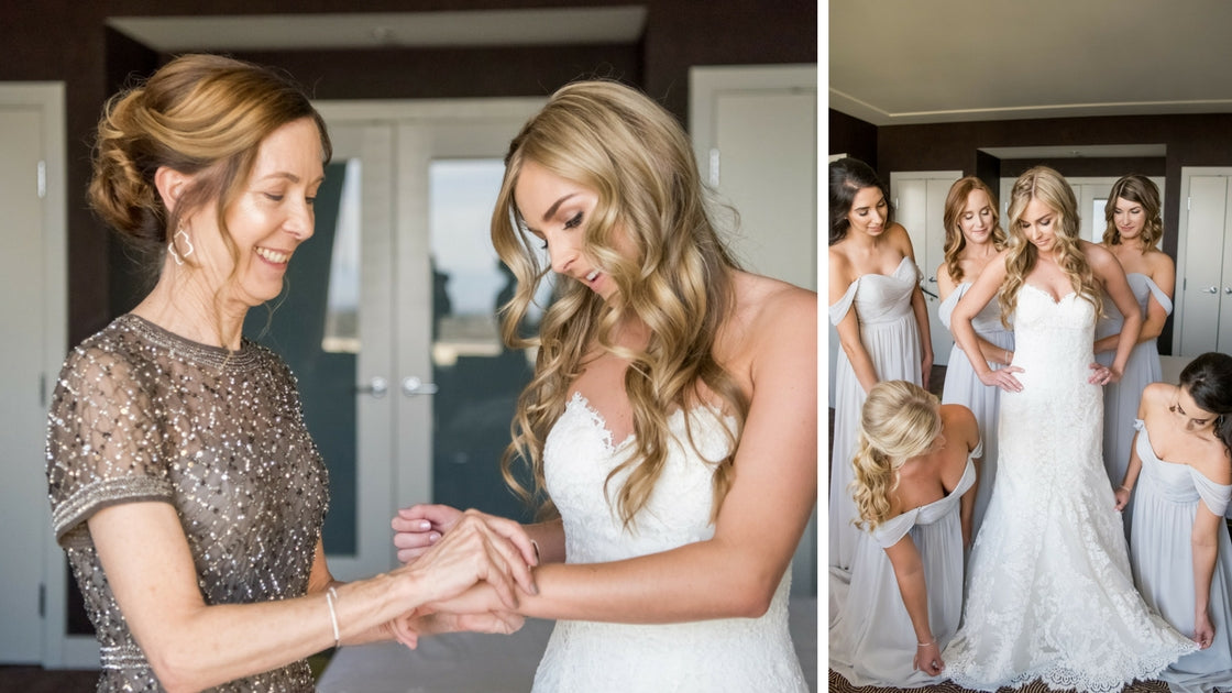mom helping daughter get ready on big day with backup from Bridesmaids in Long Chiffon Convertible Bridesmaid Dresses.