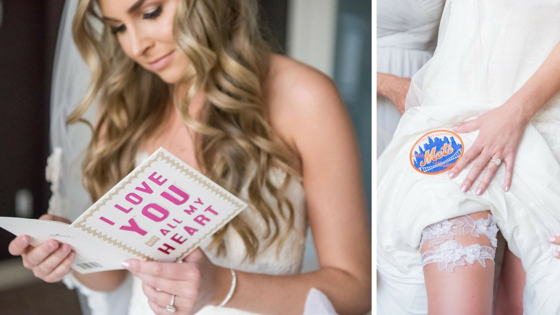 Mett's patch hidden inside bride's dress for groom to find when grabbing the garter. Bride reads special note before walking down the aisle.