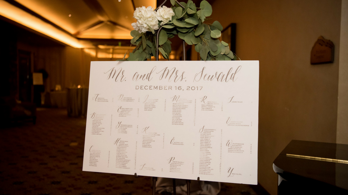 seating chart with fresh florals and greenery on top!